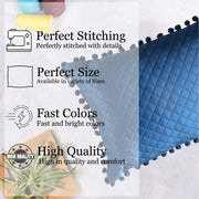 Both Side with PomPom Quilted Velvet Rectangular Cushion Cover (Set of 2), Blue